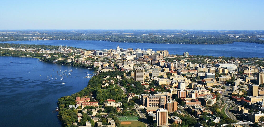 An aerial view of Madison, Wisconsin, on a sunny summer day.