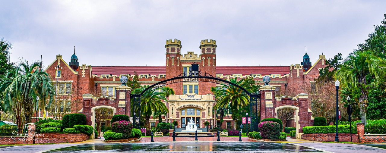 An image of a long, two-story red brick building with two small towers in the middle. The building has palm trees at both ends, as well as to either side of the arched front door. In front of the building is an arched iron gate with "Florida State University" spelled out on it.